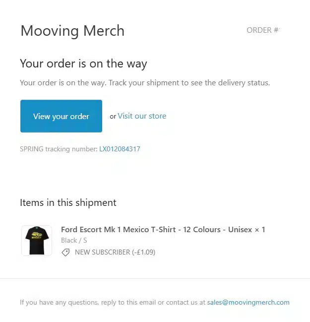 Mooving Merch | Order Tracking Email details